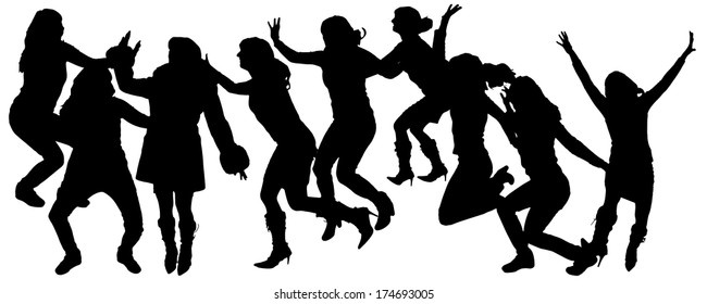 Vector silhouettes of people who dance and jump.