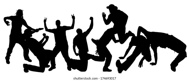Vector silhouettes of people who dance and jump.
