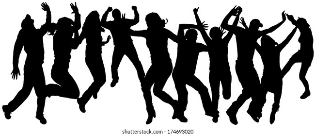 Vector silhouettes of people who dance and jump.