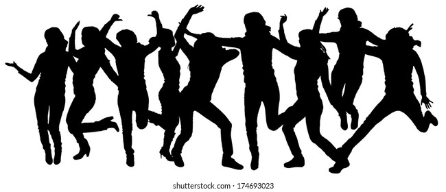Vector silhouettes of people who dance and jump.