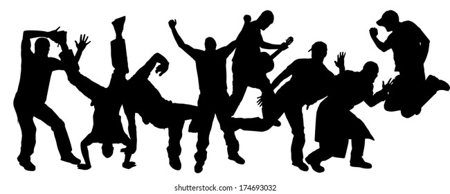 Vector silhouettes of people who dance and jump.