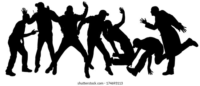 Vector silhouettes of people who dance and jump.