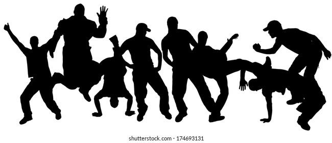 Vector silhouettes of people who dance and jump.