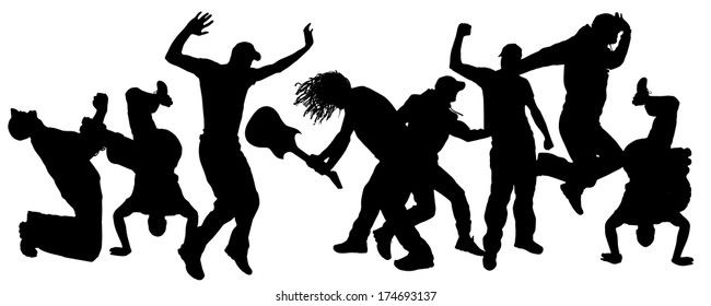 Vector silhouettes of people who dance and jump.