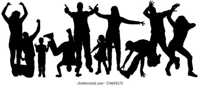 Vector silhouettes of people who dance and jump.
