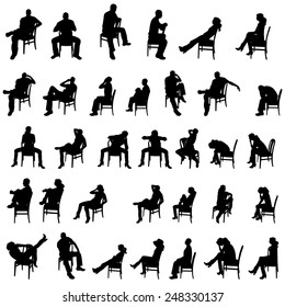 Vector silhouettes of people who sit on white background.