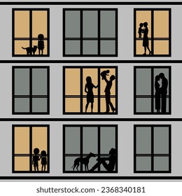 Vector silhouettes of people in windows of house at night
