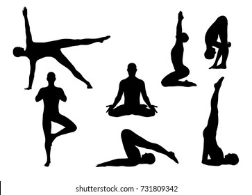 Vector silhouettes of a person practicing yoga in some asanas such as tree, plough, shoulder stand