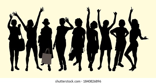 Silhouettes vectoriales personas aisladas grupo 9 de pie en diferentes poses mujeres levantadas de la mano, saludando afectuosamente, mujeres con bolsas en el sombrero, emoción de alegría, vacaciones, gente feliz se encontraron