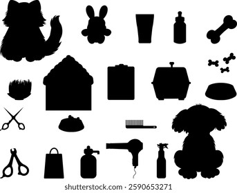 Vector silhouettes for pet shop. Dogs and cats supplies, pet shop equipment.Pet store accessories: bowl, food for cats, dogs, toys. Vector illustration