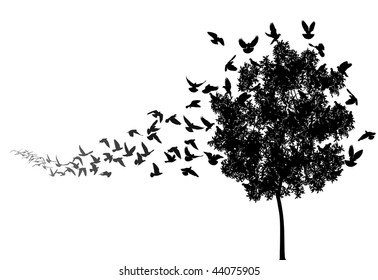 Vector silhouettes of a pigeon flock flying to a tree roost