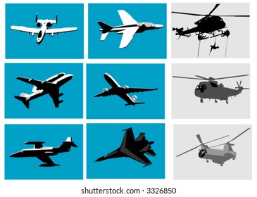 vector silhouettes of planes and helicopter