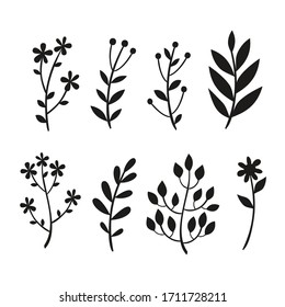 vector silhouettes of plants. black stencils, decorative doodles