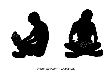 Vector silhouettes of reading boy ans girl