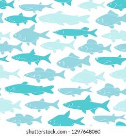 Vector silhouettes of river fishes - Dark blue background with seamless pattern for fishing web site or light t-shirt print.
