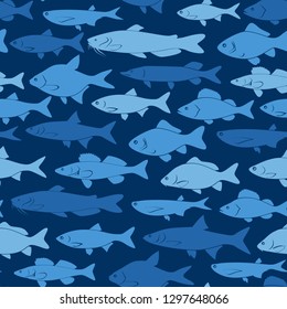 Vector silhouettes of river fishes - Dark blue background with seamless pattern for fishing web site or t-shirt print.