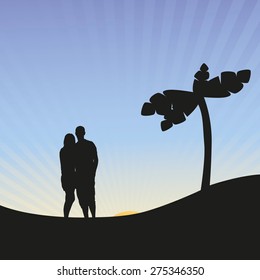 Vector silhouettes of romantic couple on tropical vacation
