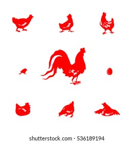 Vector silhouettes rooster, chicken, chicks and eggs. The symbol of the new year, red rooster