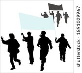Vector silhouettes of running people. 4 girls run forward, two women hold a banner slogan isolated on a white background. Group sports race of women, the girl raised her hand upwards.