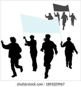 Vector silhouettes of running people. 4 girls run forward, two women hold a banner slogan isolated on a white background. Group sports race of women, the girl raised her hand upwards.