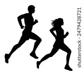 Vector silhouettes of running people, man and woman, couples of athletes, profile, black, isolated on a white background
