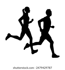 Vector silhouettes of running people, man and woman, couples of athletes, profile, black, isolated on a white background