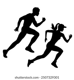 Vector silhouettes of running people, man and woman, couples of athletes, profile, black, isolated on a white background