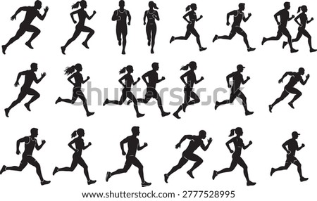 Vector Silhouettes of Running People Man and Woman Athletic Couples Profile Black Isolated on White Background