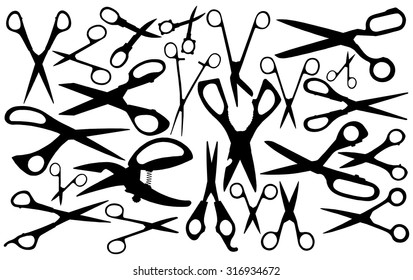 Vector silhouettes of scissors.