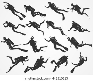 Vector silhouettes scuba divers swimming in the sea or ocean