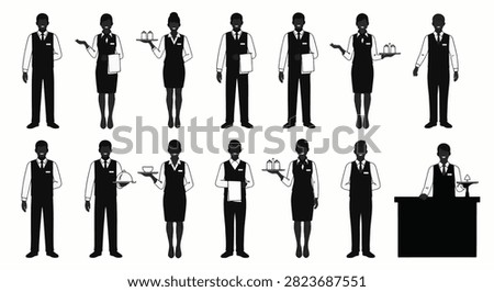 Vector silhouettes set of diverse restaurant and hospitality service staff including male and female waiters, waitresses, and hosts in professional uniform holding trays.