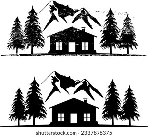 Vector silhouettes set - house in wall in mountains