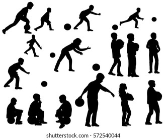 vector silhouettes set of kids playing in a bowling alley