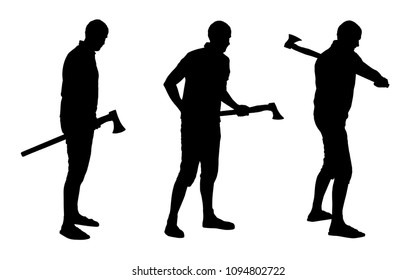 Vector silhouettes set of lumberjack holding and swinging with axe.