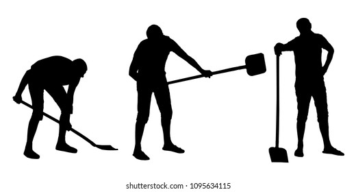 Vector Silhouettes Set Of A Man Digging With A Shovel.