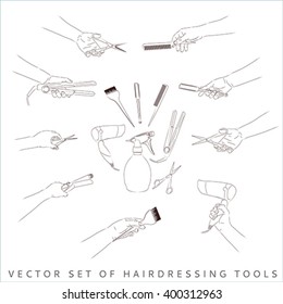 Vector silhouettes set of professional tools barber and beauty salons. Equipment Collection Hair Care, held in the hand.