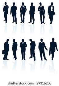 Vector silhouettes set of secret agents, business man, male bodyguard standing with shadow