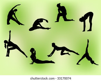 Vector silhouettes of several women doing stretching exercises.