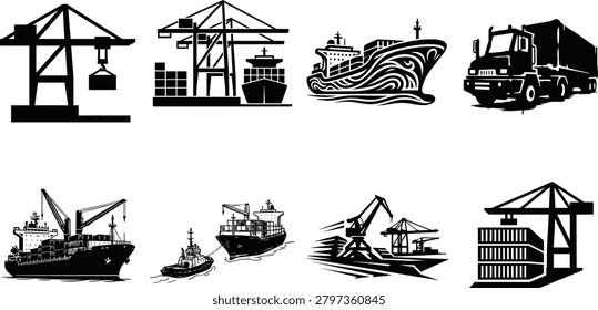 Vector silhouettes of shipping and logistics elements including port cranes, cargo ships, tugboats, freight trucks, stacked containers, and dockside operations. Perfect for global trade projects, logistics branding, transportation design, and commercial use in freight and supply chain themes.