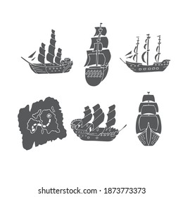 Vector silhouettes of ships on a white background.
