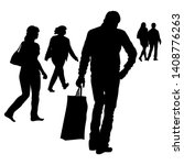 Vector silhouettes. Silhouette of a man standing full-length view from the back dressed in a jacket and jeans, with a bag in his hand. Silhouette of a passing girl with a handbag over her shoulder.
