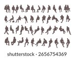 Vector Silhouettes of Sitting People – Gray Monochrome Flat Clipart Collection – Men and Women Seated in Office, Waiting, Relaxing, Talking, Working