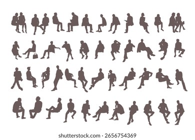 Vector Silhouettes of Sitting People – Gray Monochrome Flat Clipart Collection – Men and Women Seated in Office, Waiting, Relaxing, Talking, Working