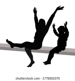 Vector silhouettes of a sitting young woman and a child. Mom and son are doing morning exercises, physical exercises, hands are raised. Waving legs, bare feet. isolated on white background.