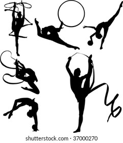 Vector silhouettes of six rhythmic gymnasts with apparatus including ribbon and ball