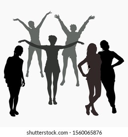 Vector silhouettes of six young girls. Three girls in shorts with arms raised up and extended to the side. A couple of women are standing embracing. Silhouette of a girl with a bag over his shoulder.