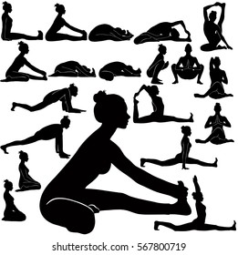 Vector silhouettes of slim girl practicing yoga exercises for stretching legs and spine sitting on floor. Black shapes of woman in different yoga poses isolated on white background.