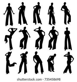 Vector silhouettes of slim young girls in elegant fashionable pants, posing in different poses isolated on white background.