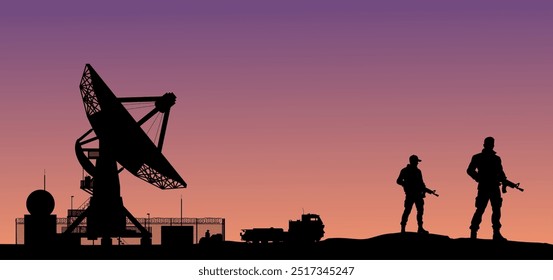 Vector silhouettes - soldiers in front of a camp - radar station military - aerial surveillance - mission