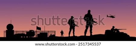 Vector silhouettes - Soldiers in front of a camp - Radar station military - Radar station for air surveillance - Deployment and security